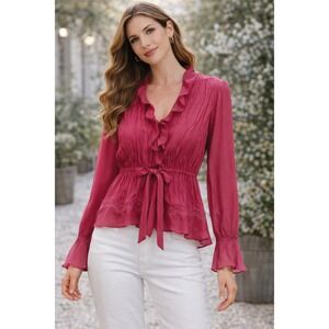 Rene Margo Romantic Lace Tie Front Blouse Large Pink Ruffle Boho